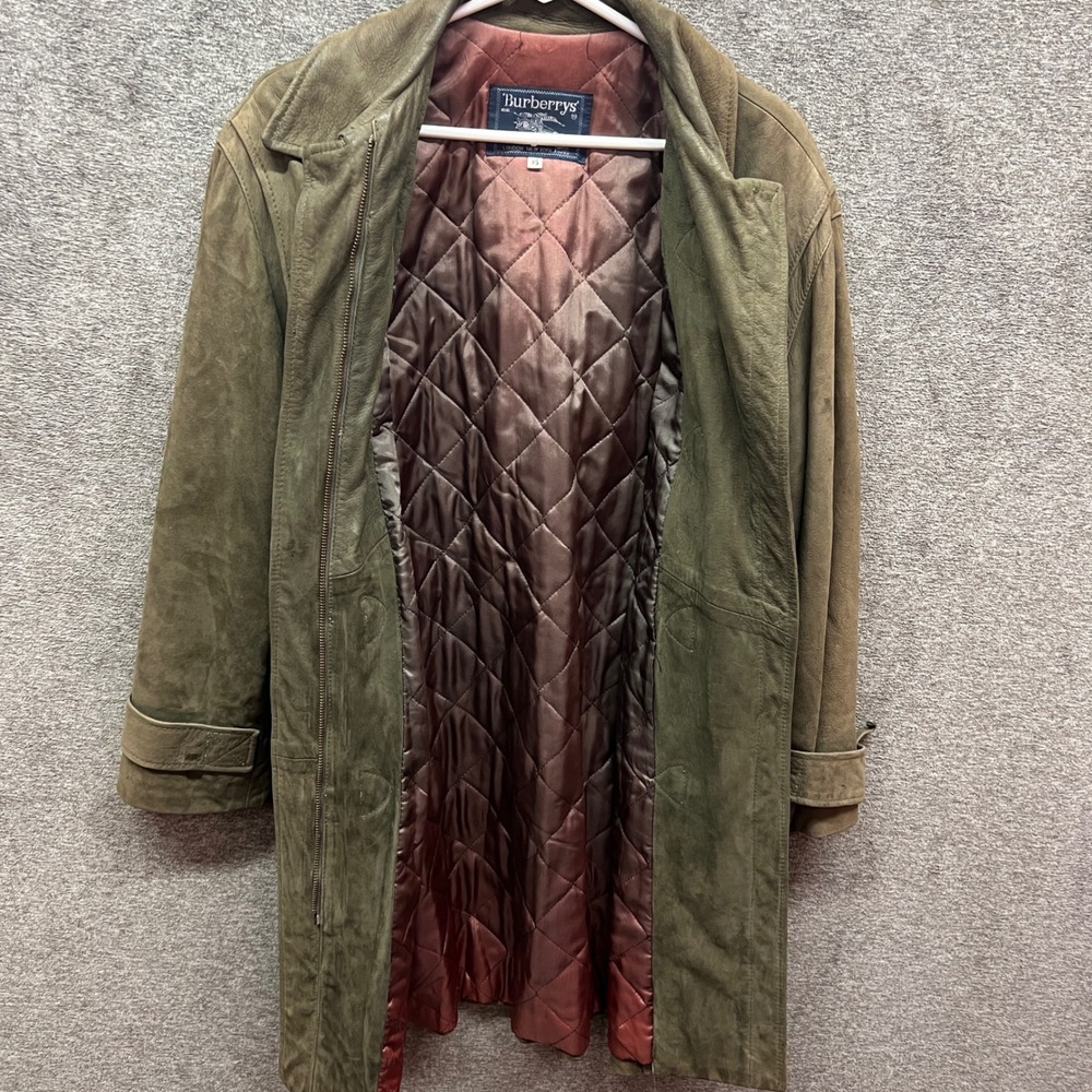Vintage Burberry Suede Leather Duffle Toggle Coat Olive Green Jacket Womens - Picture 13 of 16